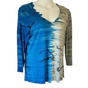Parsley & Sage Jersey Top Asymmetric V Neck Long Sleeve Blue and Grey Coastal  L